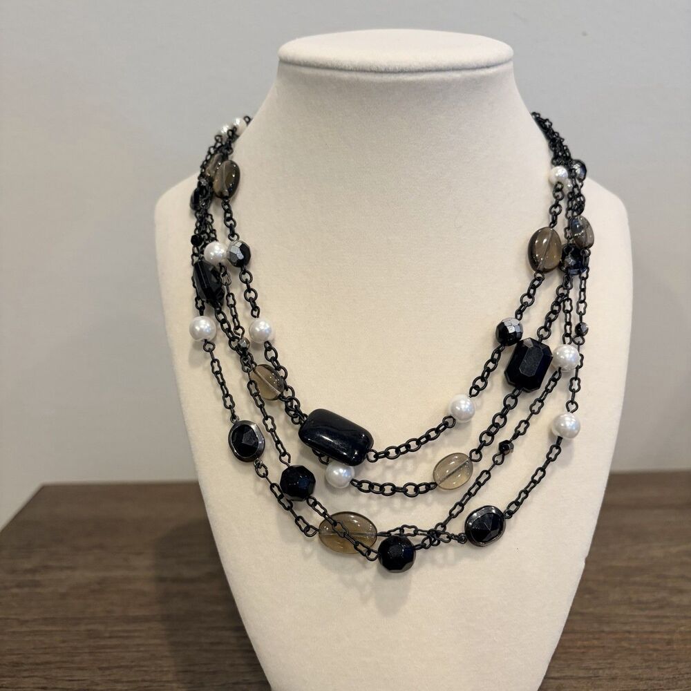Y2K Express Vintage Signed Multi String Black Chain Black White Beaded Necklace